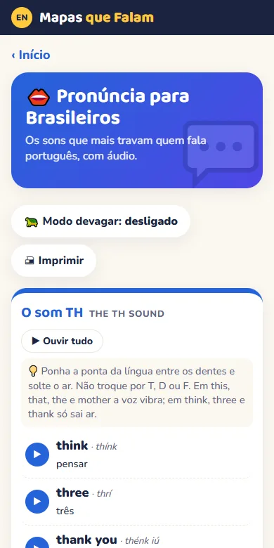 Tela do bônus Pronúncia para Brasileiros no app